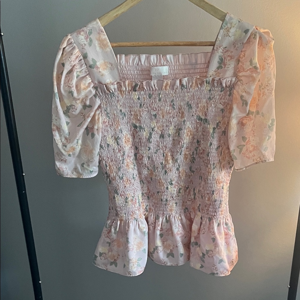 Rachel Parcell Pale Pink Floral Smocked Square-Neck Top
